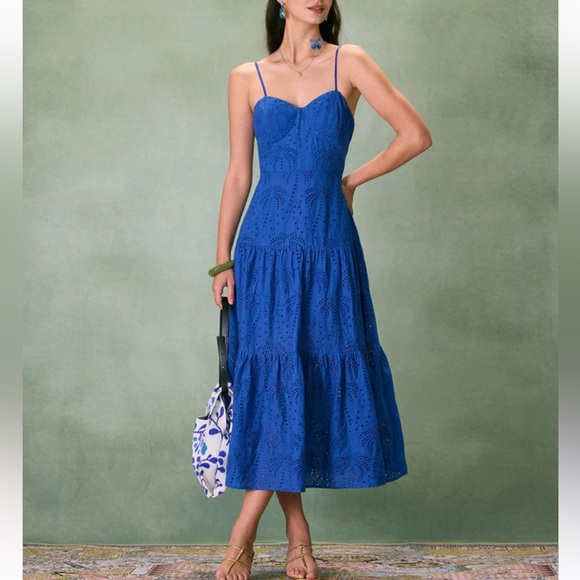RIHOAS Dresses & Skirts - Rihoas Blue Sweetheart Neck Embroidery Slip Midi Dress